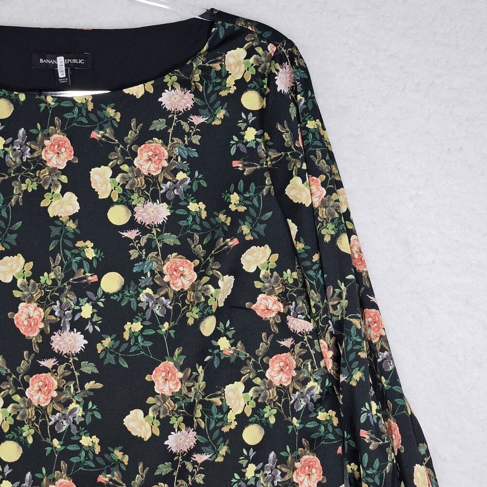 Banana Republic Black Floral Midi Shift Dress 3/4 Tie Sleeve Size 12 Cottagecore - Picture 6 of 16